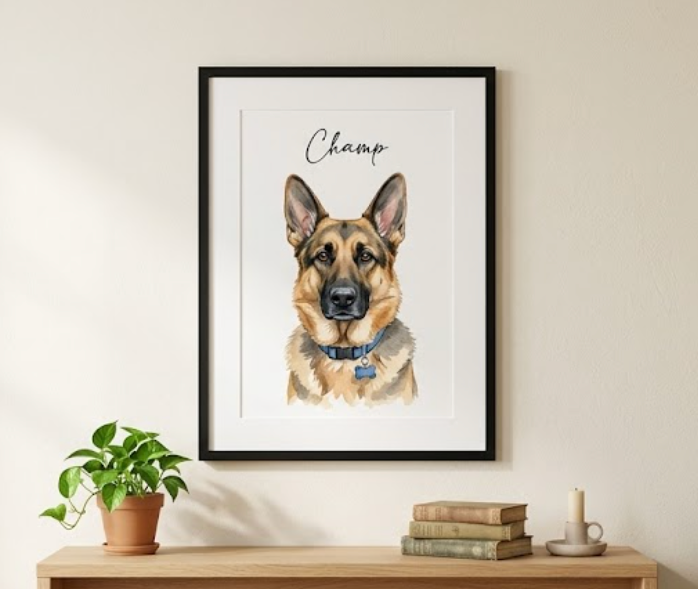A framed watercolor-style portrait print of a German Shepherd dog with the name 'Champ' above it, hanging on a light beige wall above a wooden console table with a plant and books.